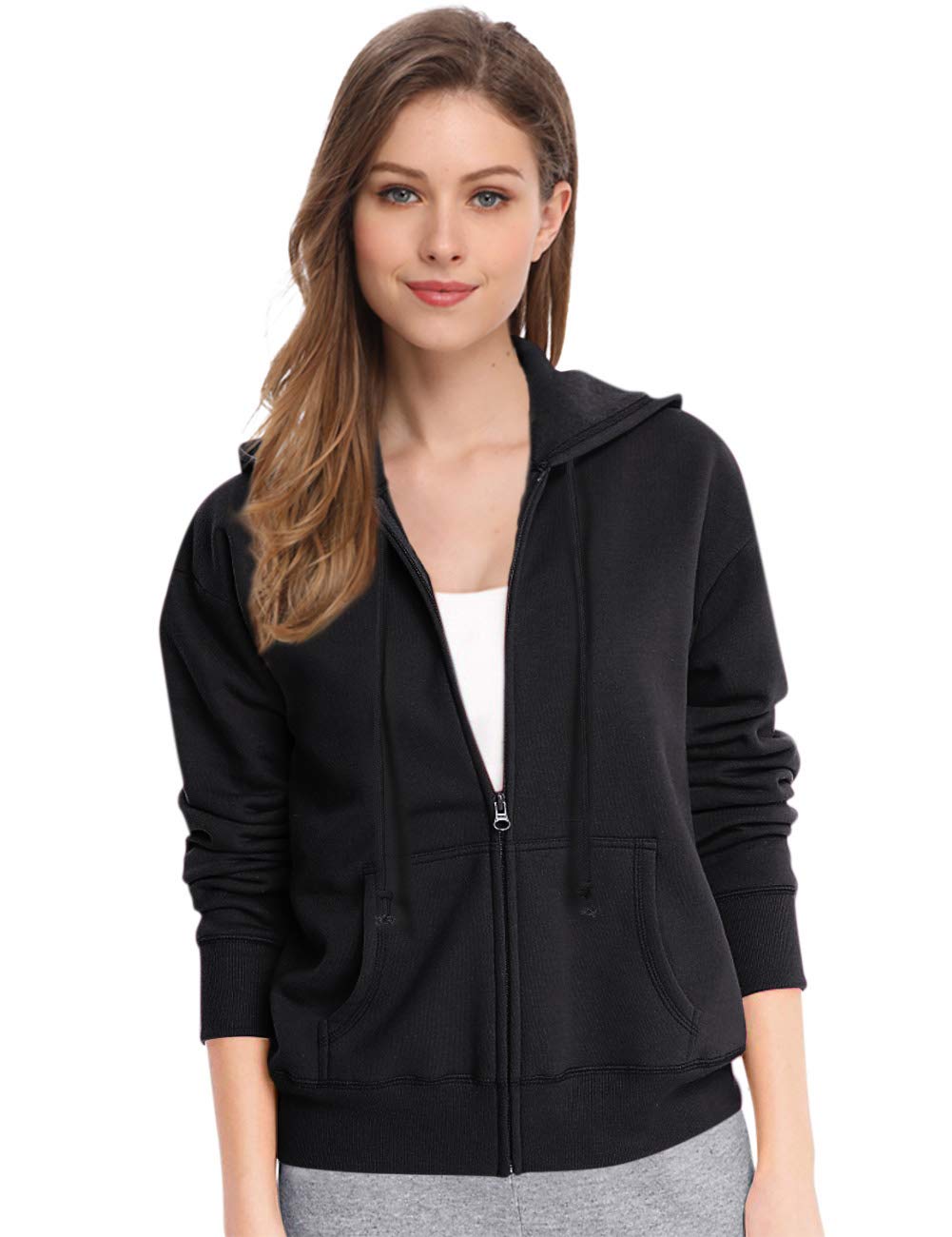 Women's Casual Knitted Zip-up Hoodie Basic Long Sleeve Hoodie Jackets with Kanga Pocket