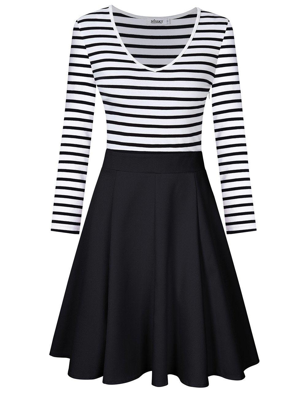 Women Long Sleeve V Neck Striped Swing Mini Cocktail Dress for Girls