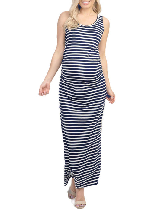 Maternity Dress Women's Casual Maternity Sleeveless Scoop Neck Striped Slit Long Tank Dress