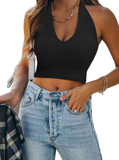 Womens Sexy Halter Crop Tops Sleeveless Y2K Backless Knitted Tube Top V Neck Solid Summer