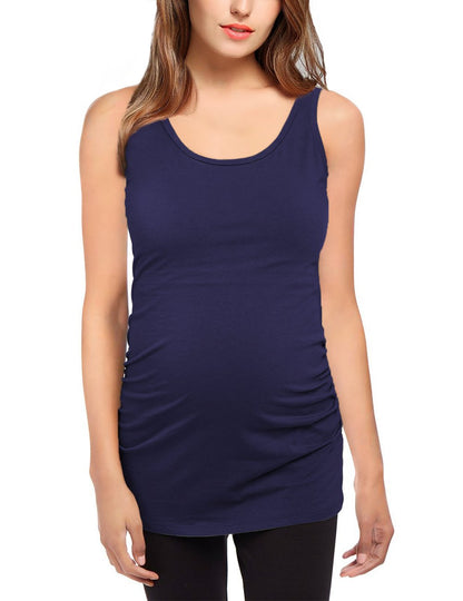 Maternity Basic Tank Top Neck Sleeveless Tops Pregnancy Solid Side Ruching Vest