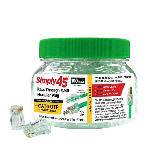 Simply45 Unshielded Pass-Through RJ45 Modular Plugs for 23AWG Solid (Cat6 UTP), 26-24AWG Stranded (Cat5e/6 UTP Stranded) - Green Tint, 100 Piece Jar - S45-1600