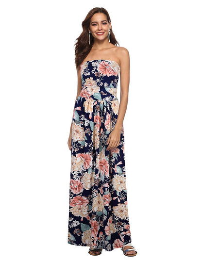 Women's Summer Boho Strapless Midi Dresses High Waist Vintage Floral Print Maxi Long Dress with Pockets