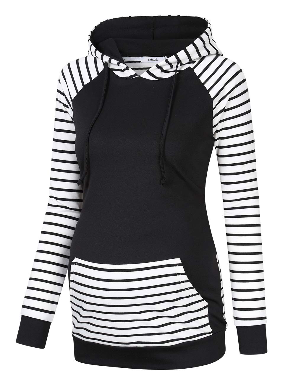 Women's Cowl Neck Pullover Hoodies Long Sleeve Kangaroo Pocket Spliced Striped Hooded Sweatshirts