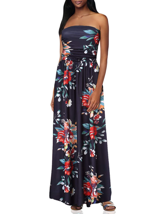 Women Strapless Maxi Boho Vintage Summer Beach Floral Print Hawaiian Party Long Dress