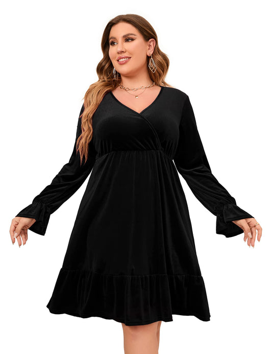 Women's Plus Size Wrap V Neck Velvet Dress Swing Dress Long Sleeve Party Dress