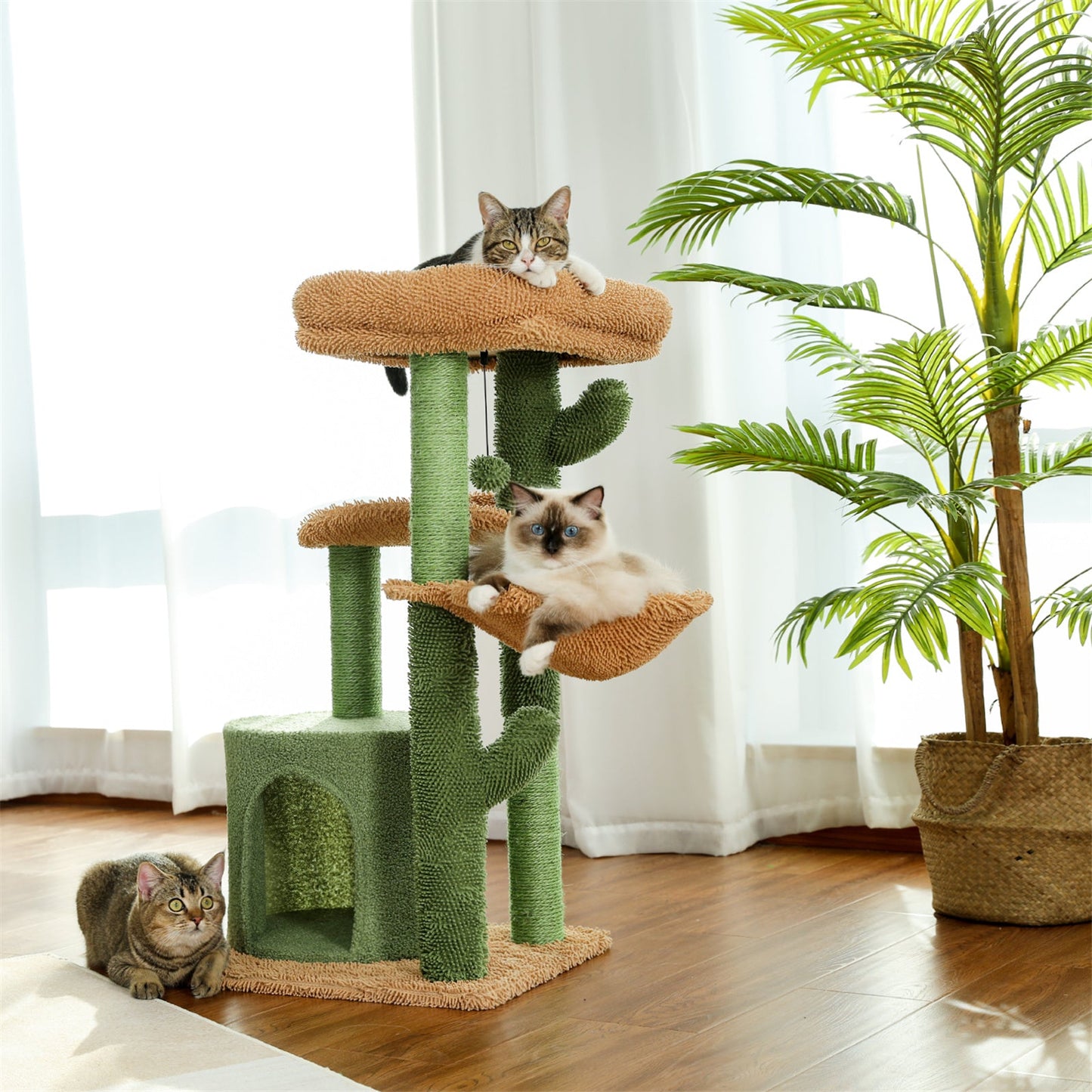 BEESCLOVER Cactus Cat Tree with Cozy Condos Sisal Scratching Post Cat Tower