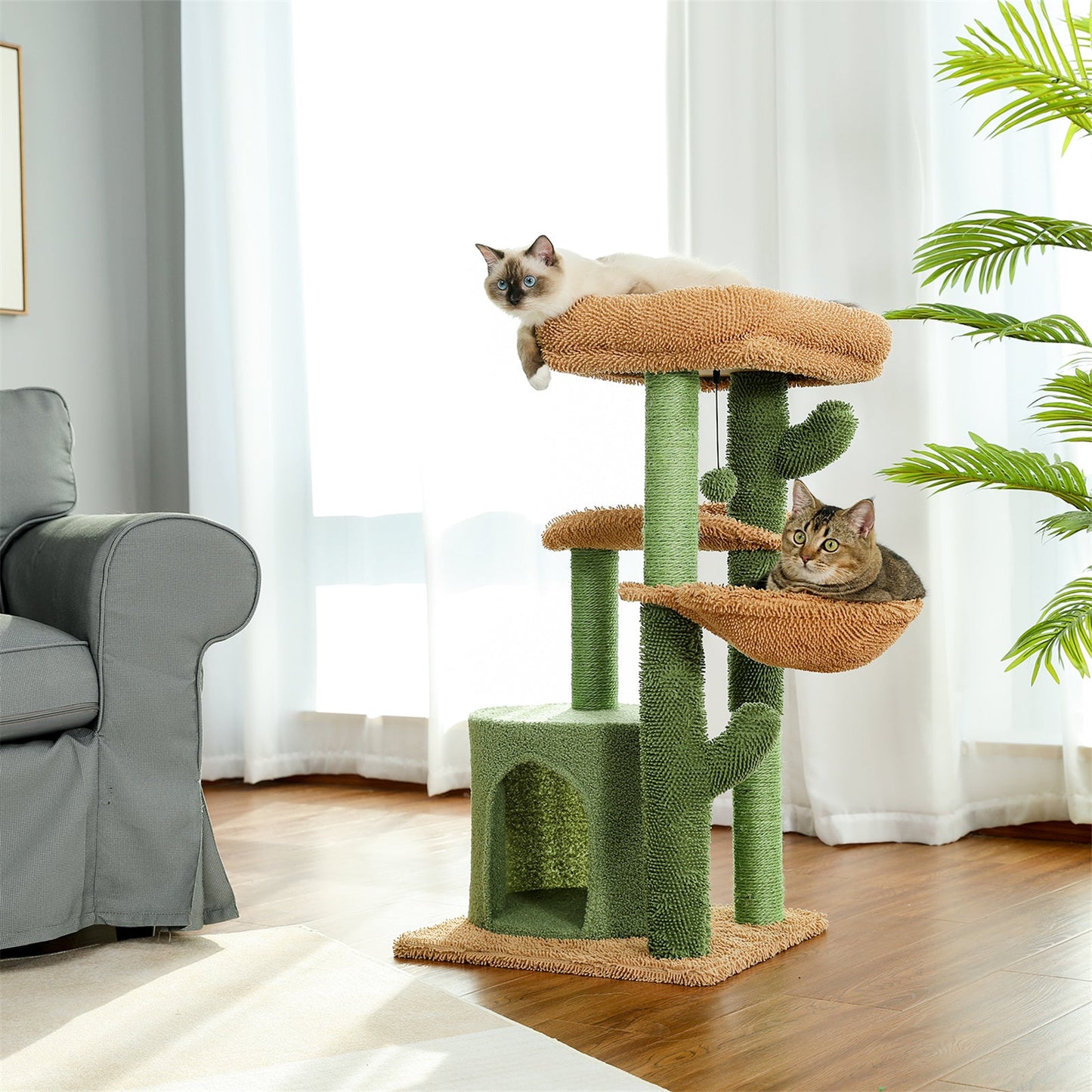 BEESCLOVER Cactus Cat Tree with Cozy Condos Sisal Scratching Post Cat Tower