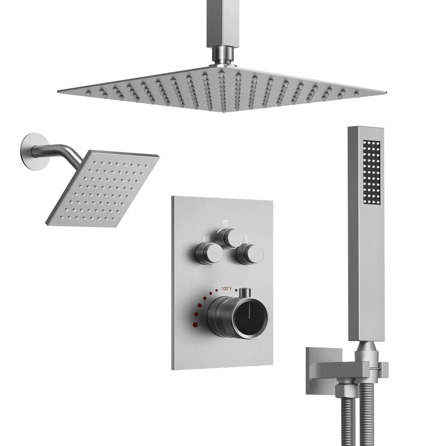 DualCascade 12" High-Pressure Rainfall Shower Faucet, Celling Mount, Rough in-Valve, 2.5 GPM