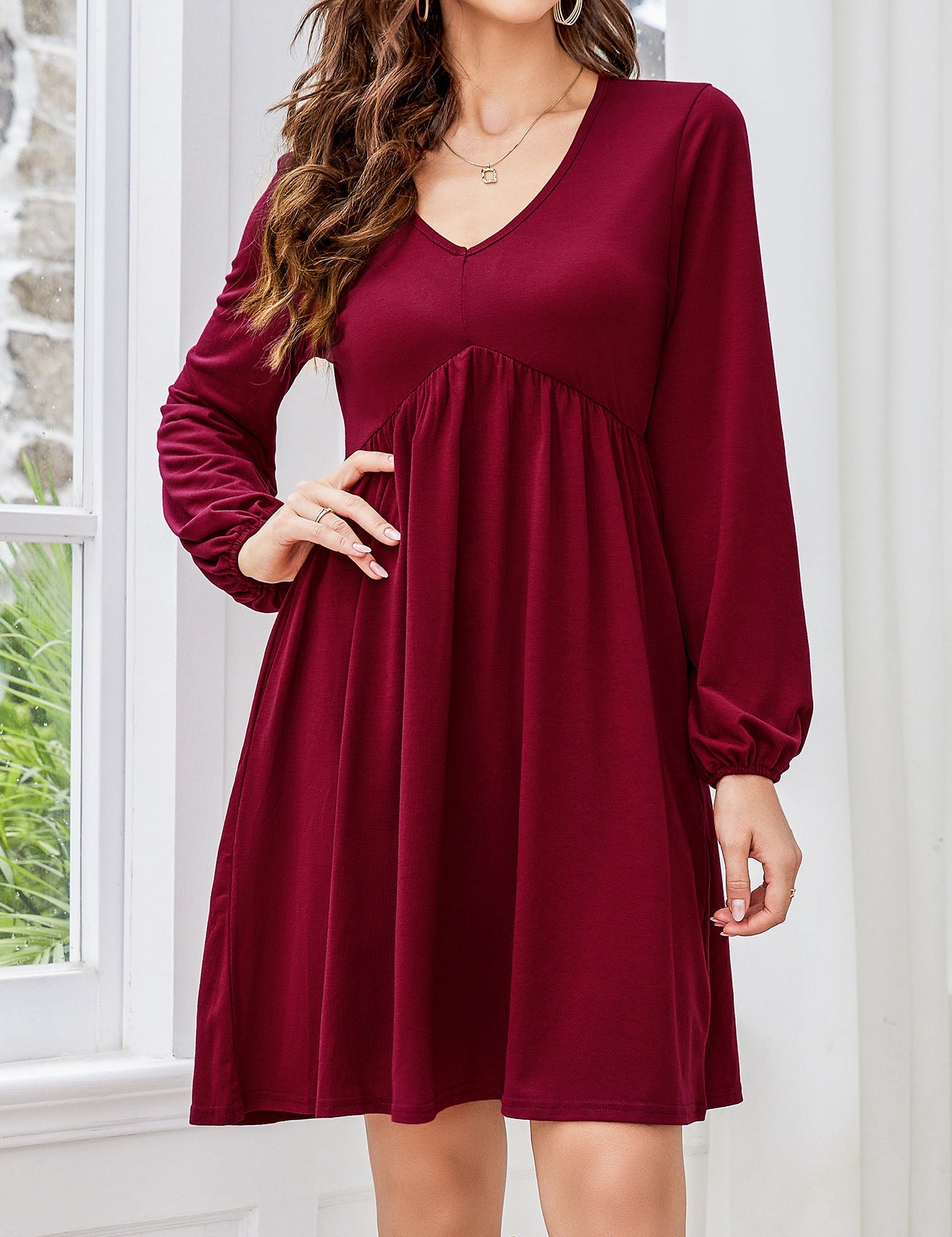 Women's V Neck Long Sleeve Autumn Dress