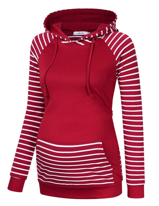 Women's Cowl Neck Pullover Hoodies Long Sleeve Kangaroo Pocket Spliced Striped Hooded Sweatshirts