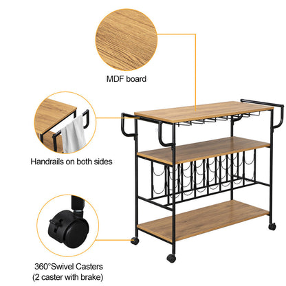 ALICIAN 3-tier Wine Rack Cart Kitchen Rolling Storage Bar Wood Table Serving Trolley Black