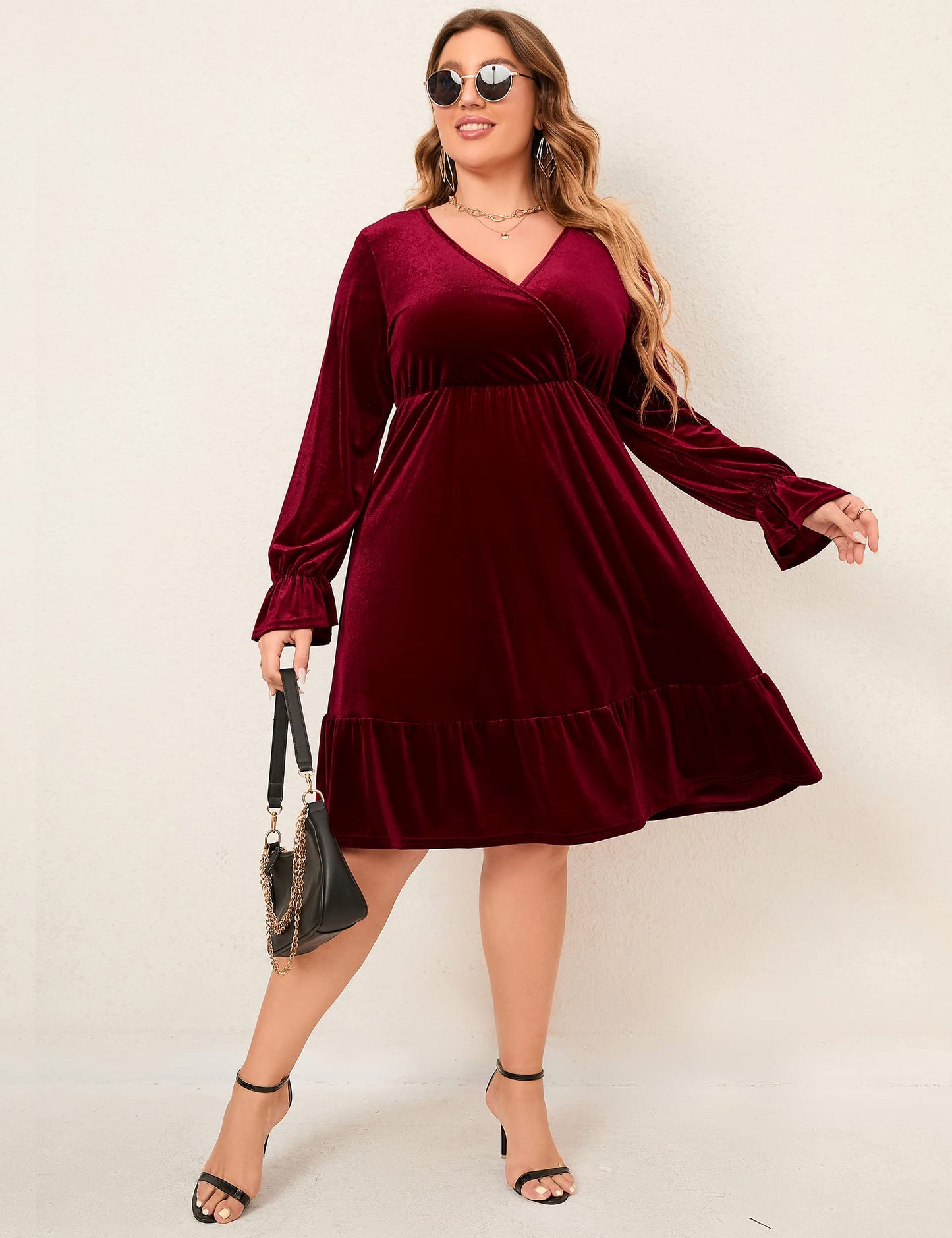 Women's Plus Size Wrap V Neck Velvet Dress Swing Dress Long Sleeve Party Dress