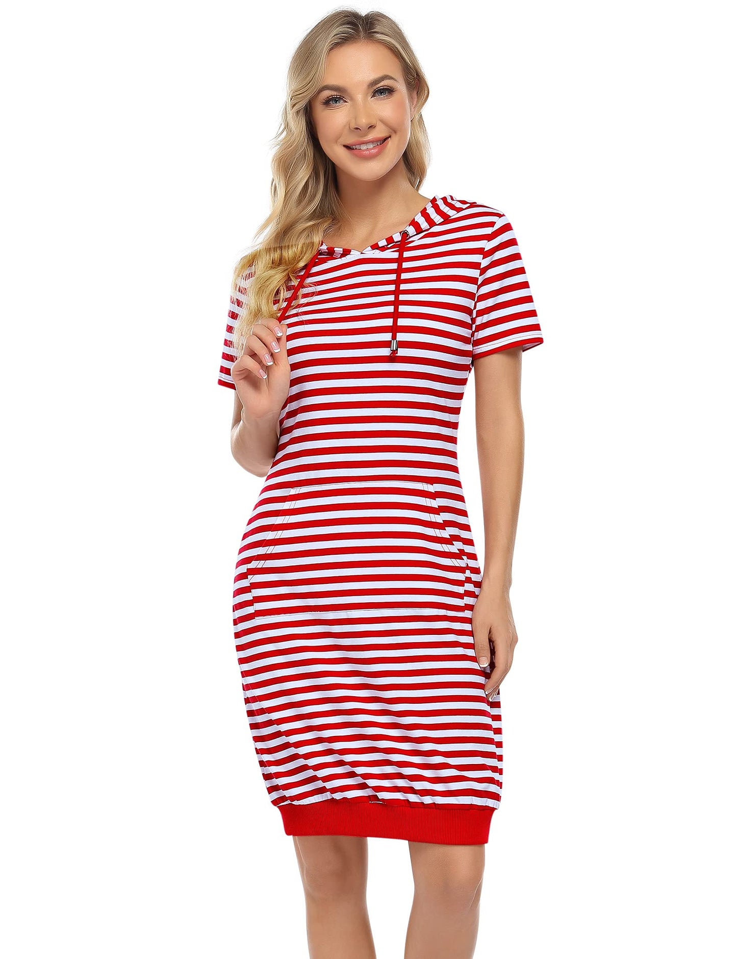 Women Casual Short Sleeve Kangaroo Pocket Pullover Hooded Mini Dress