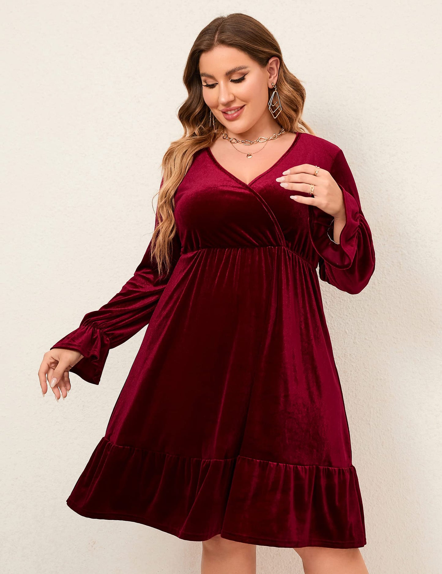 Women's Plus Size Wrap V Neck Velvet Dress Swing Dress Long Sleeve Party Dress