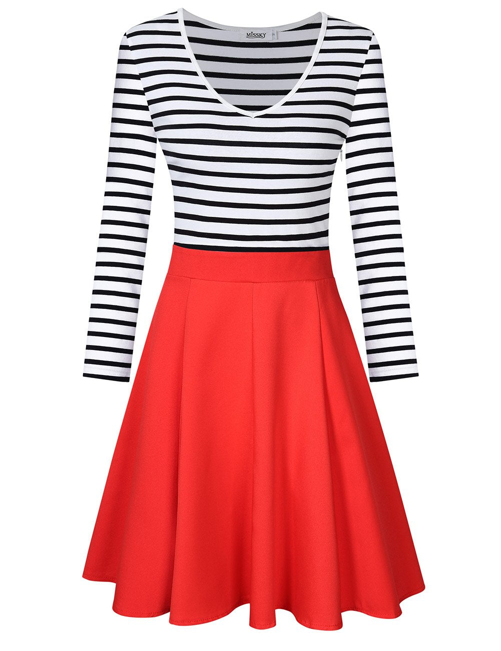 Women Long Sleeve V Neck Striped Swing Mini Cocktail Dress for Girls