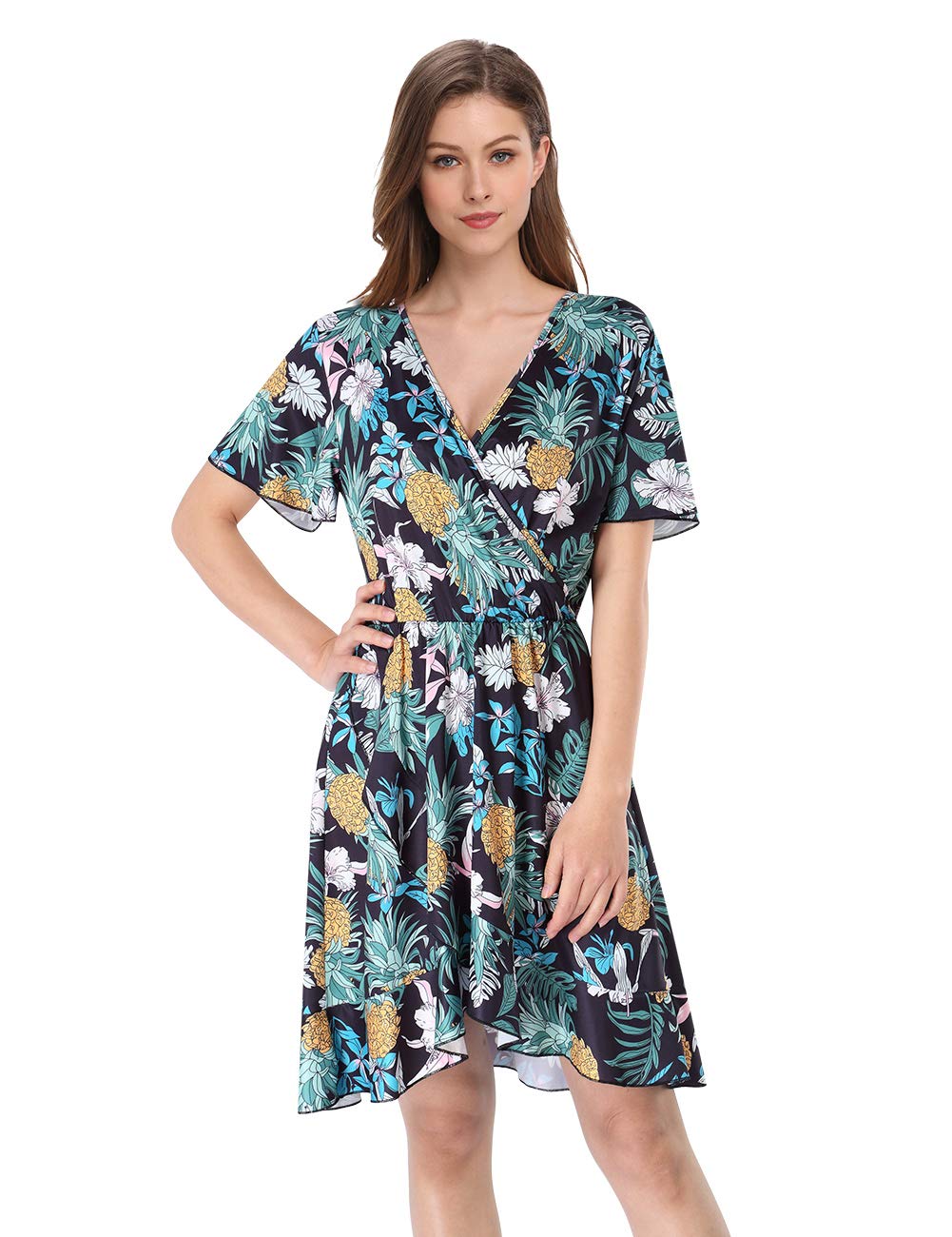 Women V-Neck A-Line Floral Print Ruffle Wrap Casual Party Mini Dress