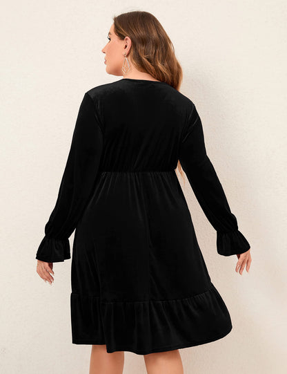 Women's Plus Size Wrap V Neck Velvet Dress Swing Dress Long Sleeve Party Dress