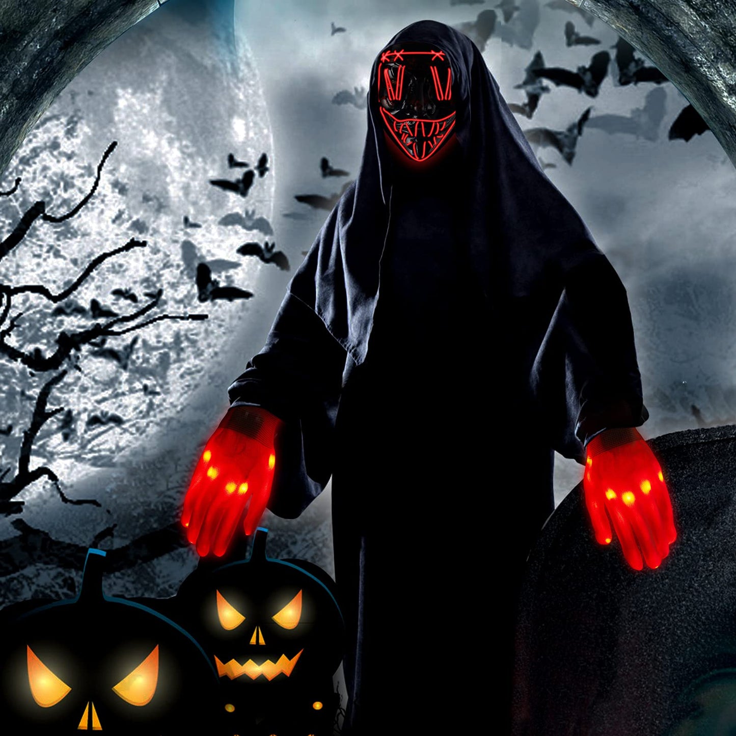 WHIZMAX Halloween Scary LED Mask with Light Up Gloves Kit