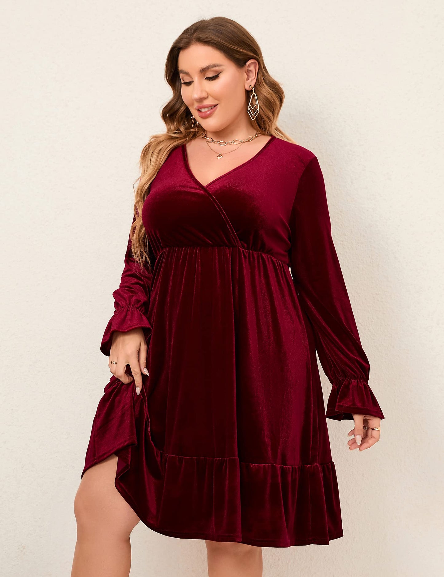 Women's Plus Size Wrap V Neck Velvet Dress Swing Dress Long Sleeve Party Dress