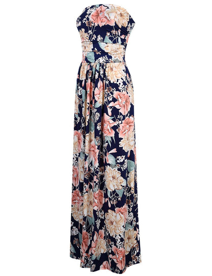 Women's Summer Boho Strapless Midi Dresses High Waist Vintage Floral Print Maxi Long Dress with Pockets