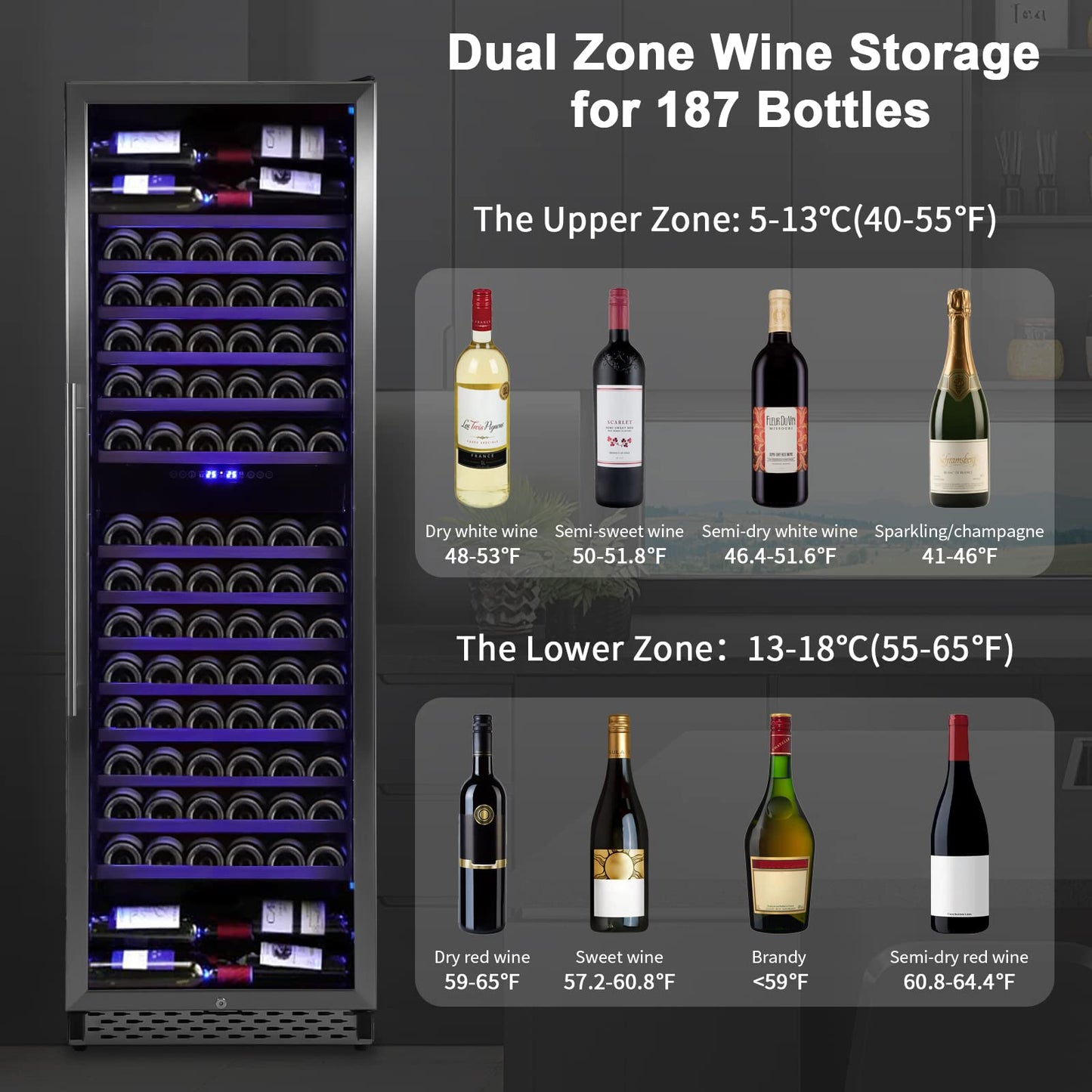 GARVEE 24 Inch Tall Wine Cooler Refrigerator 187 Bottles Wine Fridge Built-in Freestanding Wine Cooler with Professional Compressor