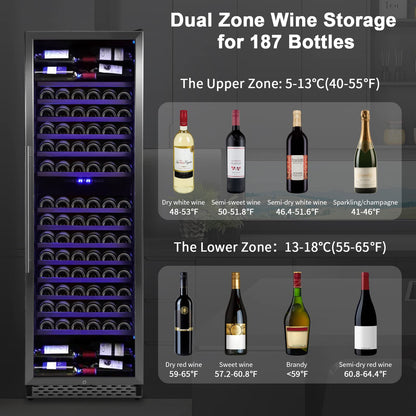 GARVEE 24 Inch Tall Wine Cooler Refrigerator 187 Bottles Wine Fridge Built-in Freestanding Wine Cooler with Professional Compressor