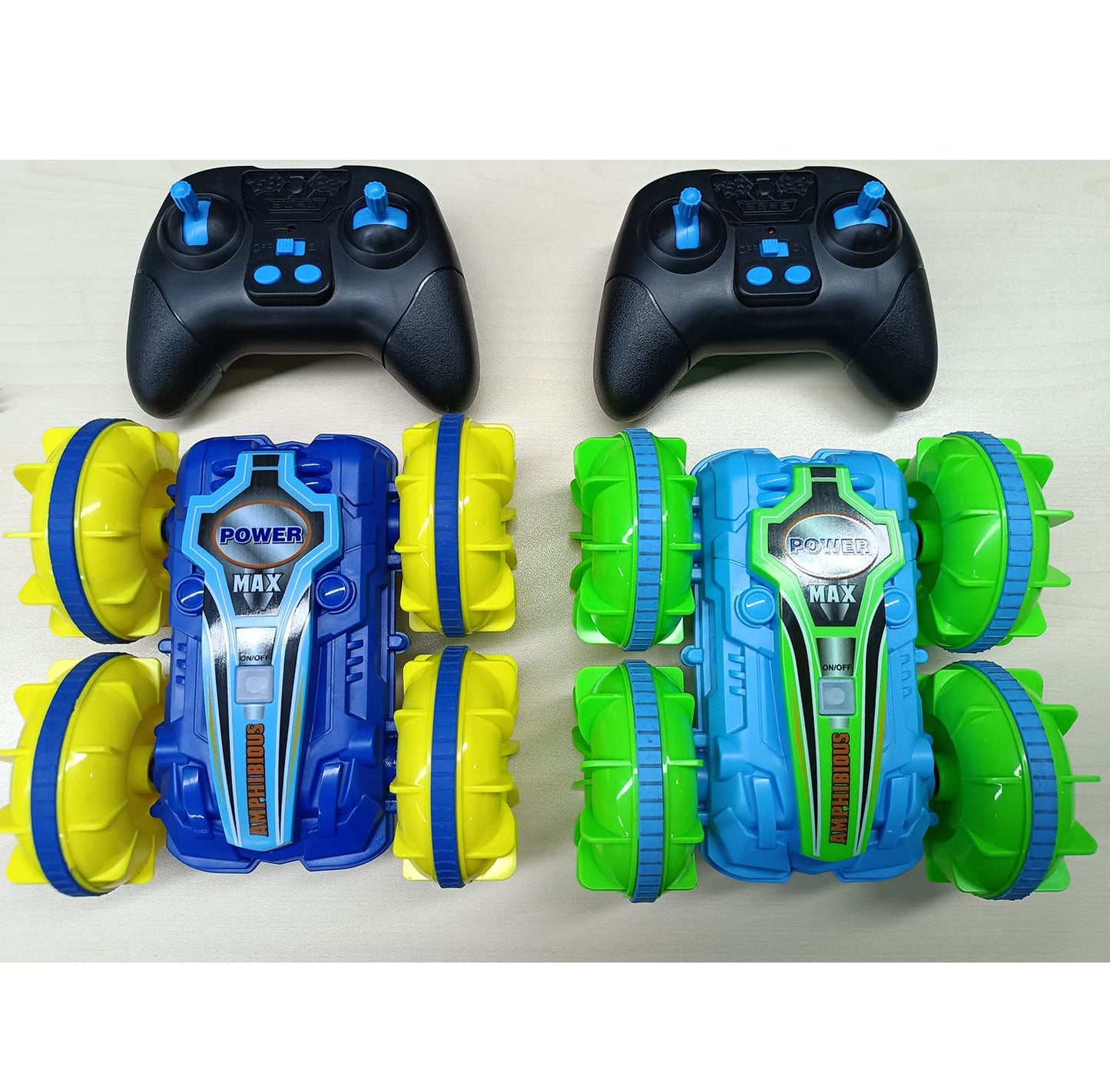 2 Pack Amphibious Remote Control Cars for Boys 5-12, 4WD 2.4GHz Waterproof RC Stunt Car for Kids, Rotating 360隆茫 Off Road All Terrain RC Vehicle, Water Beach Pool Toy, Blue+Green