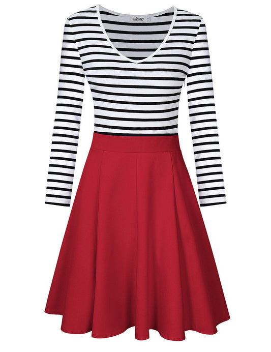 Women Long Sleeve V Neck Striped Swing Mini Cocktail Dress for Girls