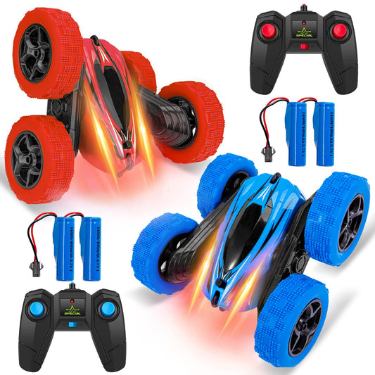 2 Pack Remote Control Car RC Stunt Car for Kids, 2.4 GHz 4WD Double Sided 360隆茫Rotating RC Trucks with Headlights, Fast RC Cars for Boys Age 8-12 Birthday Gift , Blue+Red (4 Batteries)