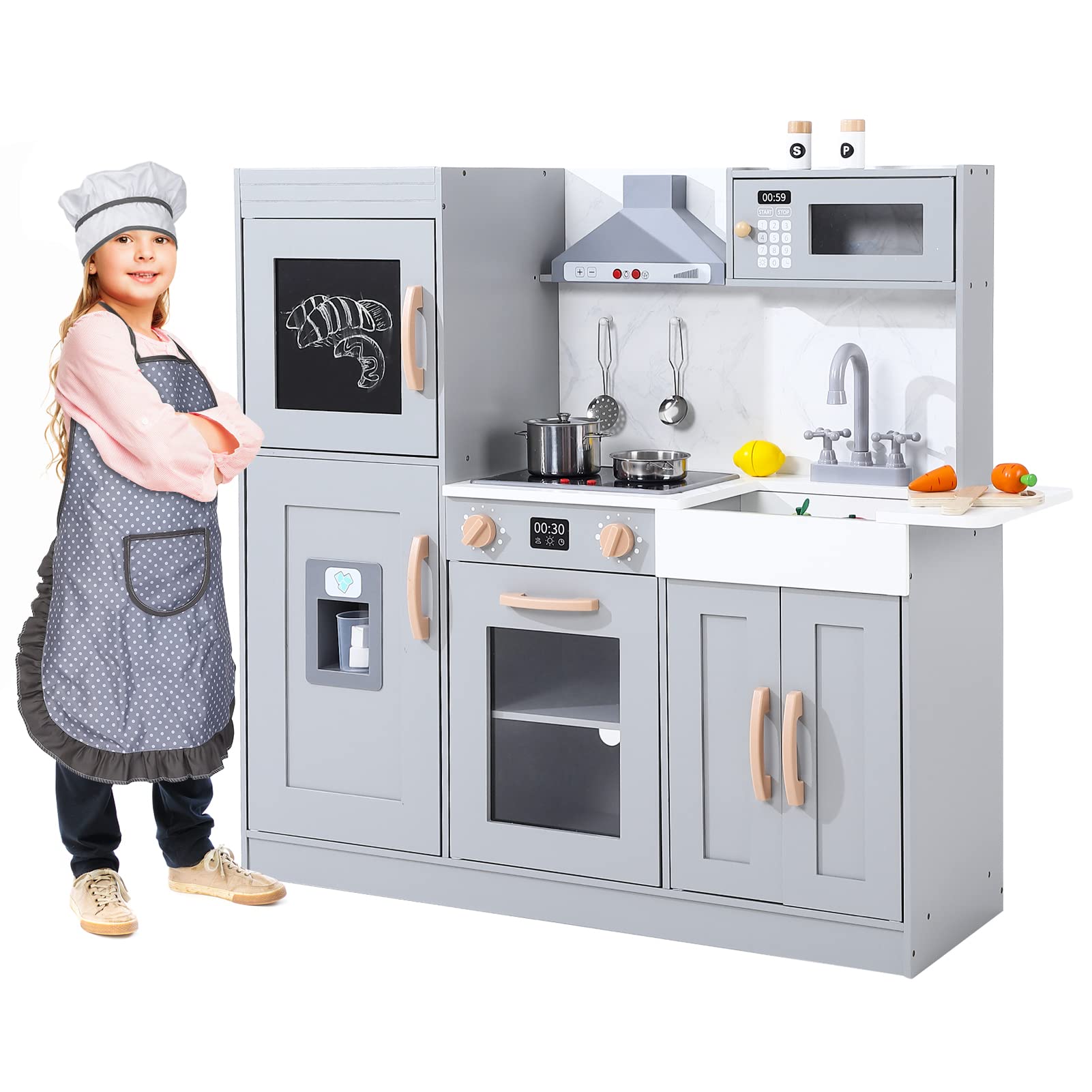 Kids Kitchen Playset, Wooden Chef Pretend Play Set with 20 PCS Cookware Accessories, Wooden Cookware Pretend with Ice Maker, Microwave, Oven, Range Hood, Sink, Real Lights & Sounds拢卢Gray