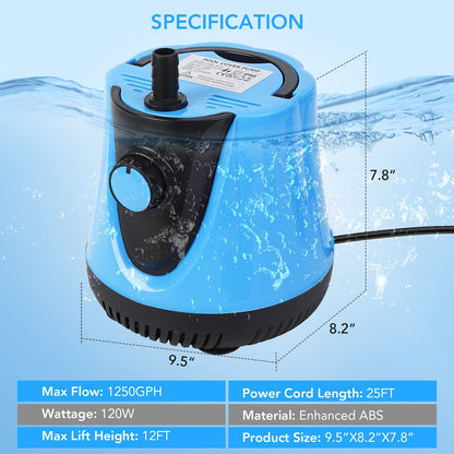 GARVEE Submersible Water Pump 1250 GPH 120W Pool Cover Pump Above Ground Water Pump