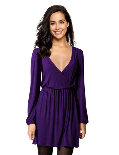 YESFASHION Women V-Neck Business Casual Party Mini Dress Purple