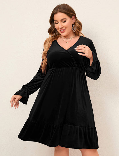 Women's Plus Size Wrap V Neck Velvet Dress Swing Dress Long Sleeve Party Dress