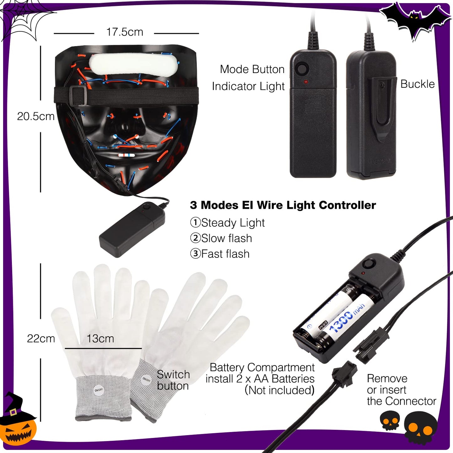 CYNDIE Halloween LED Mask Skeleton Gloves Set