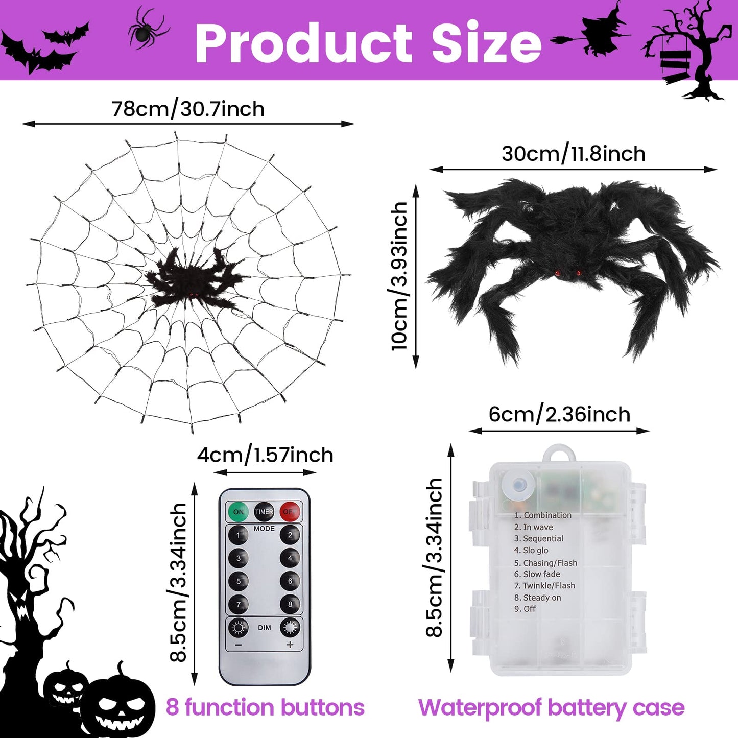 CYNDIE Halloween Purple Spider Web Lights Waterproof