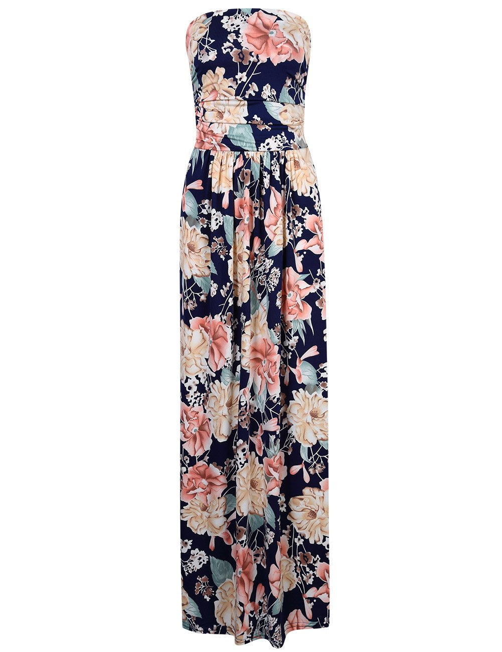 Women's Summer Boho Strapless Midi Dresses High Waist Vintage Floral Print Maxi Long Dress with Pockets