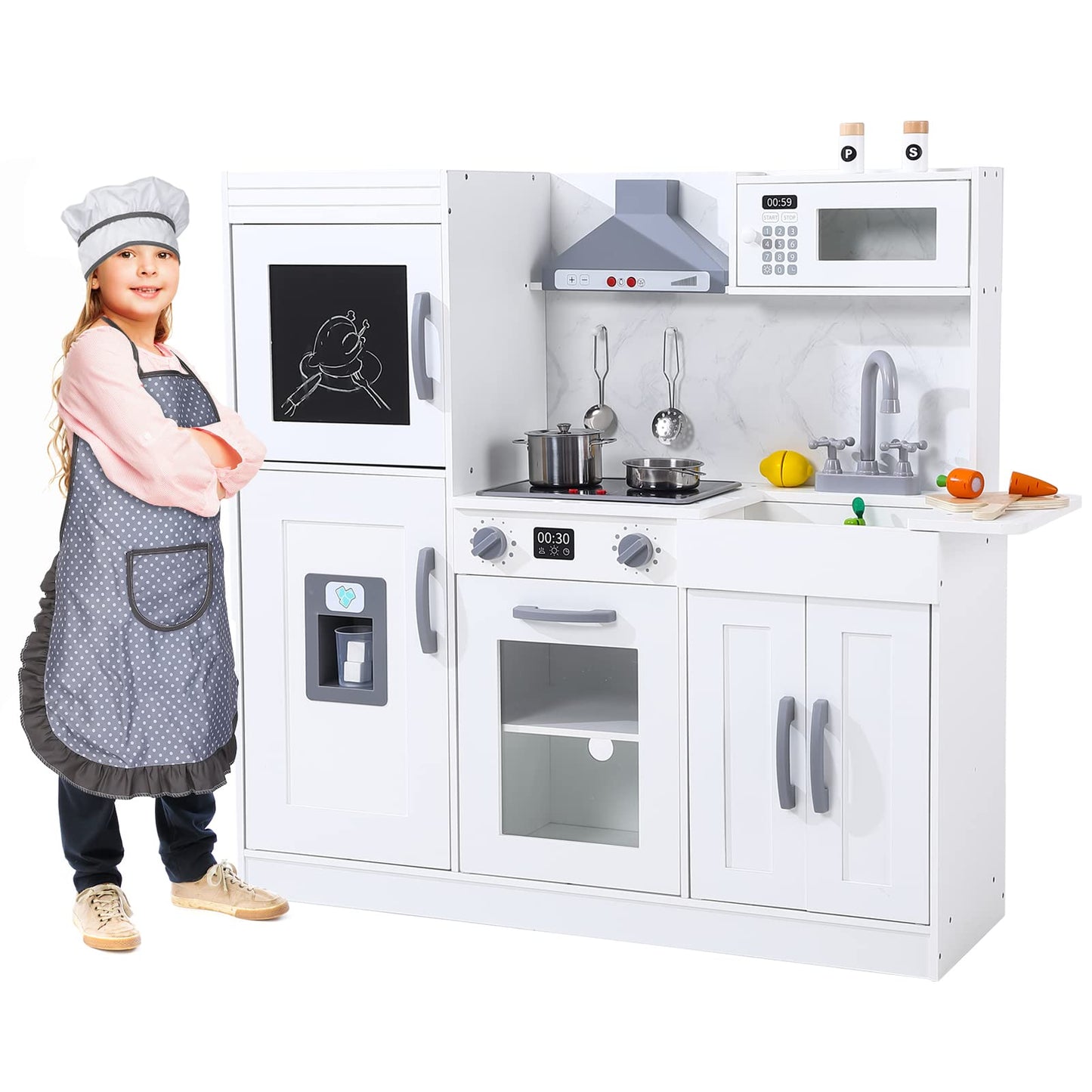Kids Kitchen Playset, Wooden Chef Pretend Play Set with 20 PCS Cookware Accessories, Wooden Cookware Pretend with Ice Maker, Microwave, Oven, Range Hood, Sink, Real Lights & Sounds拢卢Gray