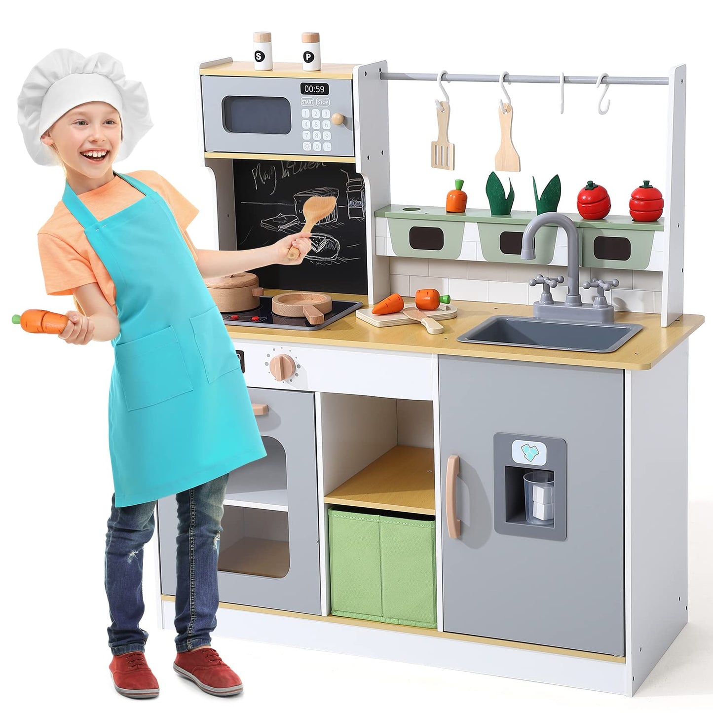 Wooden Farm & Kitchen Playset, Kids Play Kitchen with Cookware Accessories, Wooden Chef Pretend Play Set with Ice Maker, Chalkboard, Planter Area