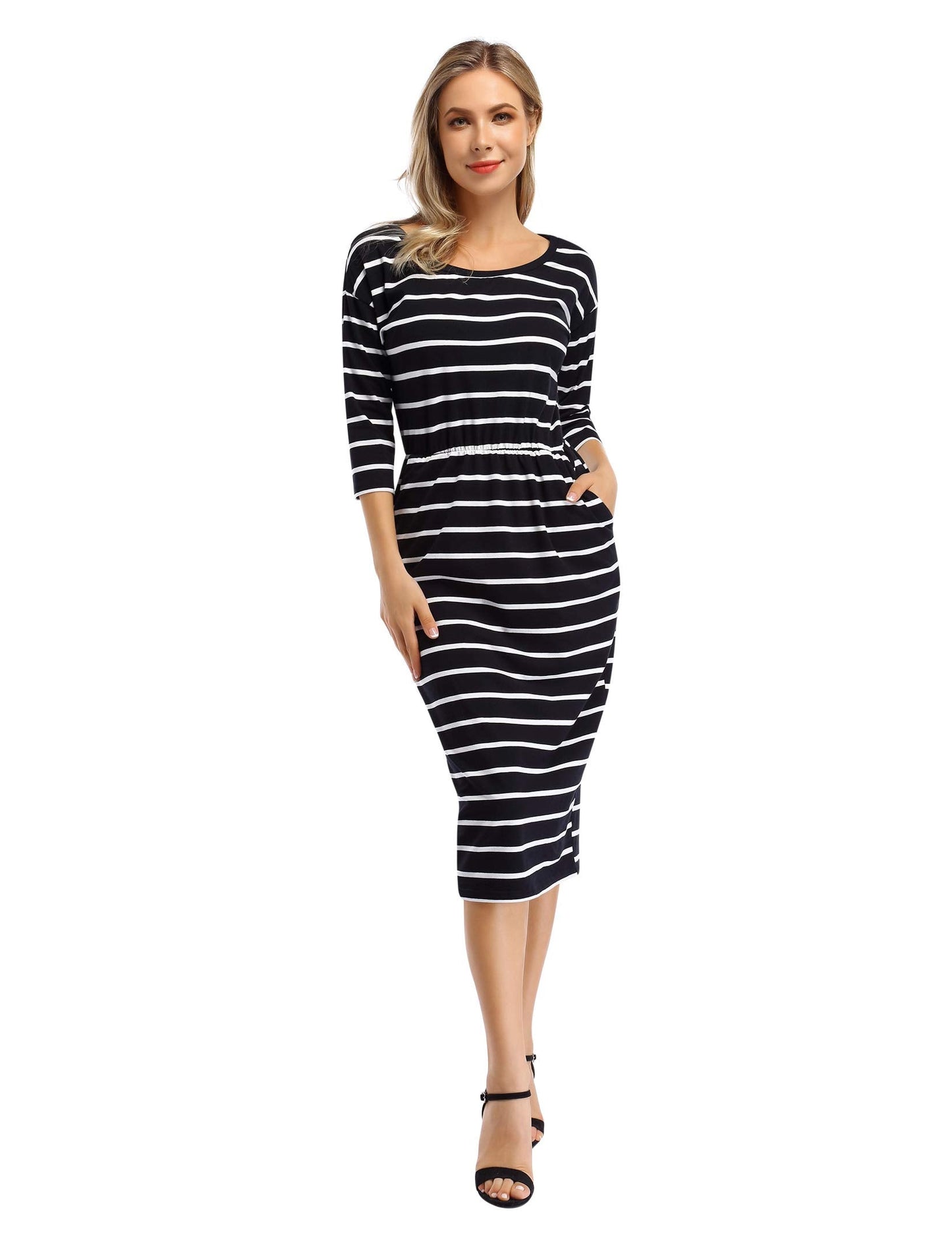 Women's 3/4 Sleeve Round Neck Hips-Wrapped Casual Office Pencil Dress