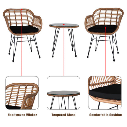 AMYOVE 3pcs Tempered Glass Table Chair Three-Piece Set Handwoven Wicker Rattan