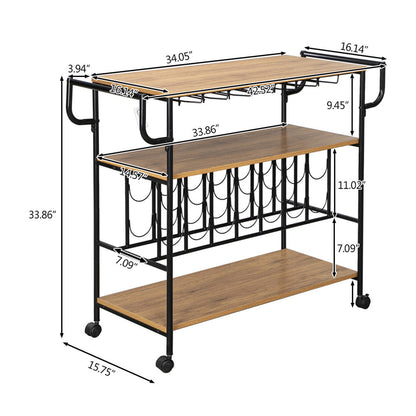 ALICIAN 3-tier Wine Rack Cart Kitchen Rolling Storage Bar Wood Table Serving Trolley Black