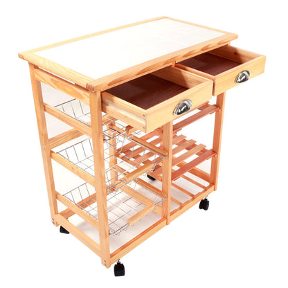 AMYOVE Wooden Dining Cart with 2-Drawer Removable Storage Rack Shelf