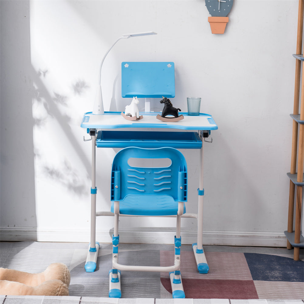 AMYOVE Kids Desk Chair Set Height Adjustable Student Study Desk Home Schooling Blue