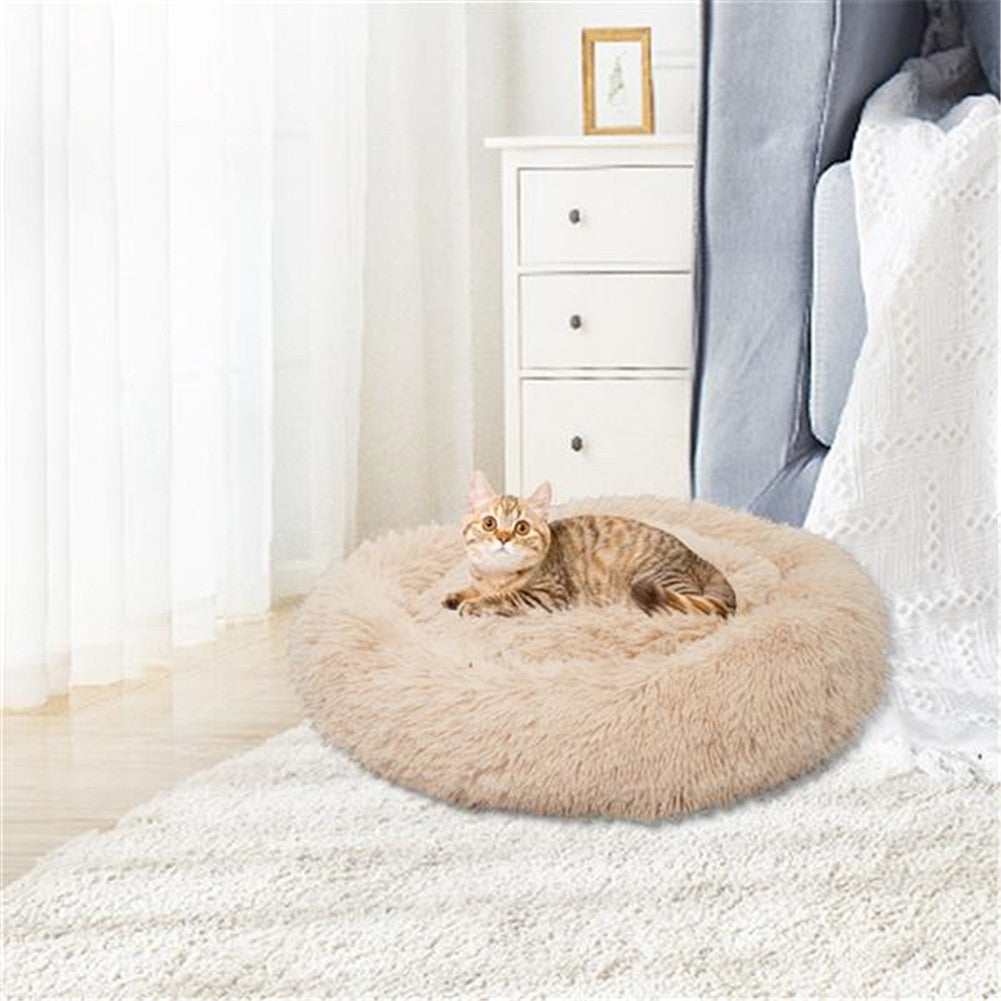 BEESCLOVER Round Plush Pet Bed Fluffy Soft Warm Calming Bed Dog Cat Sleeping Nest Khaki