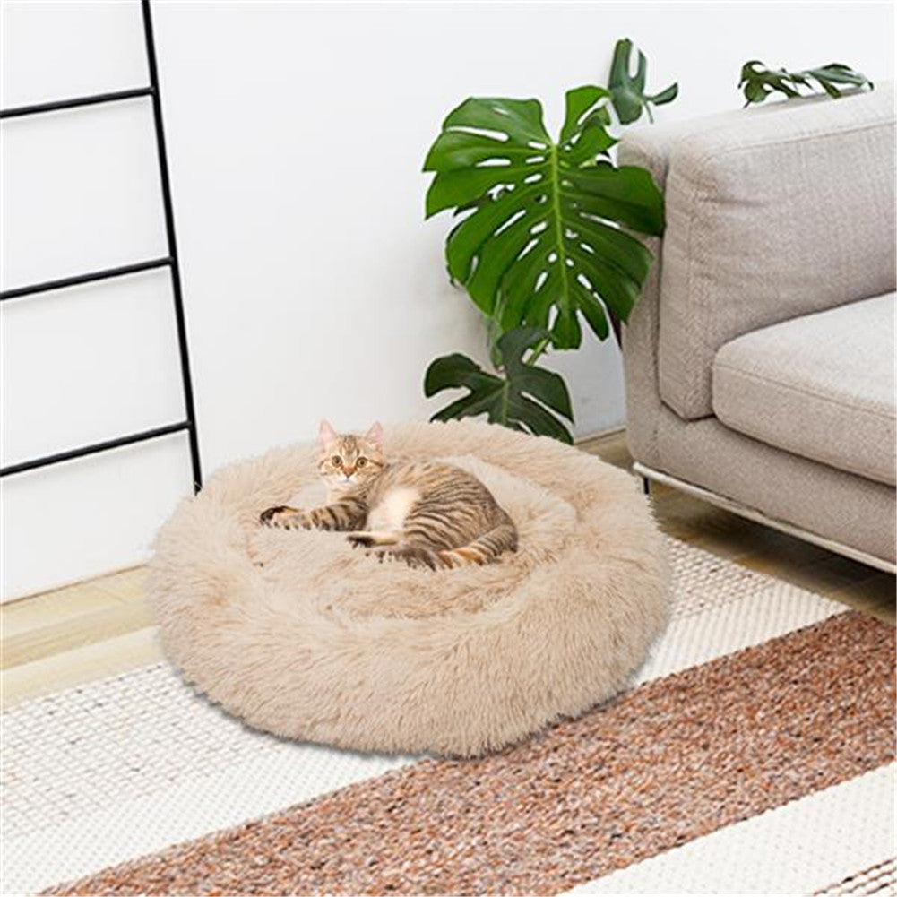 BEESCLOVER Round Plush Pet Bed Fluffy Soft Warm Calming Bed Dog Cat Sleeping Nest Khaki