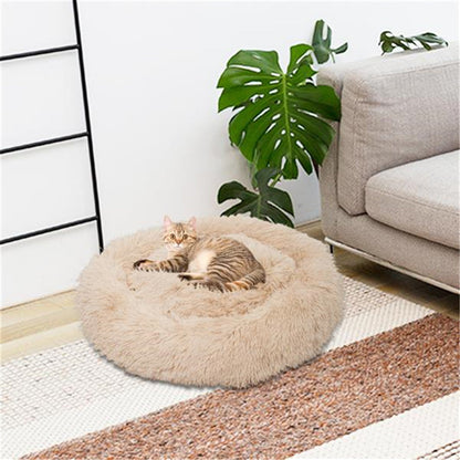 BEESCLOVER Round Plush Pet Bed Fluffy Soft Warm Calming Bed Dog Cat Sleeping Nest Khaki