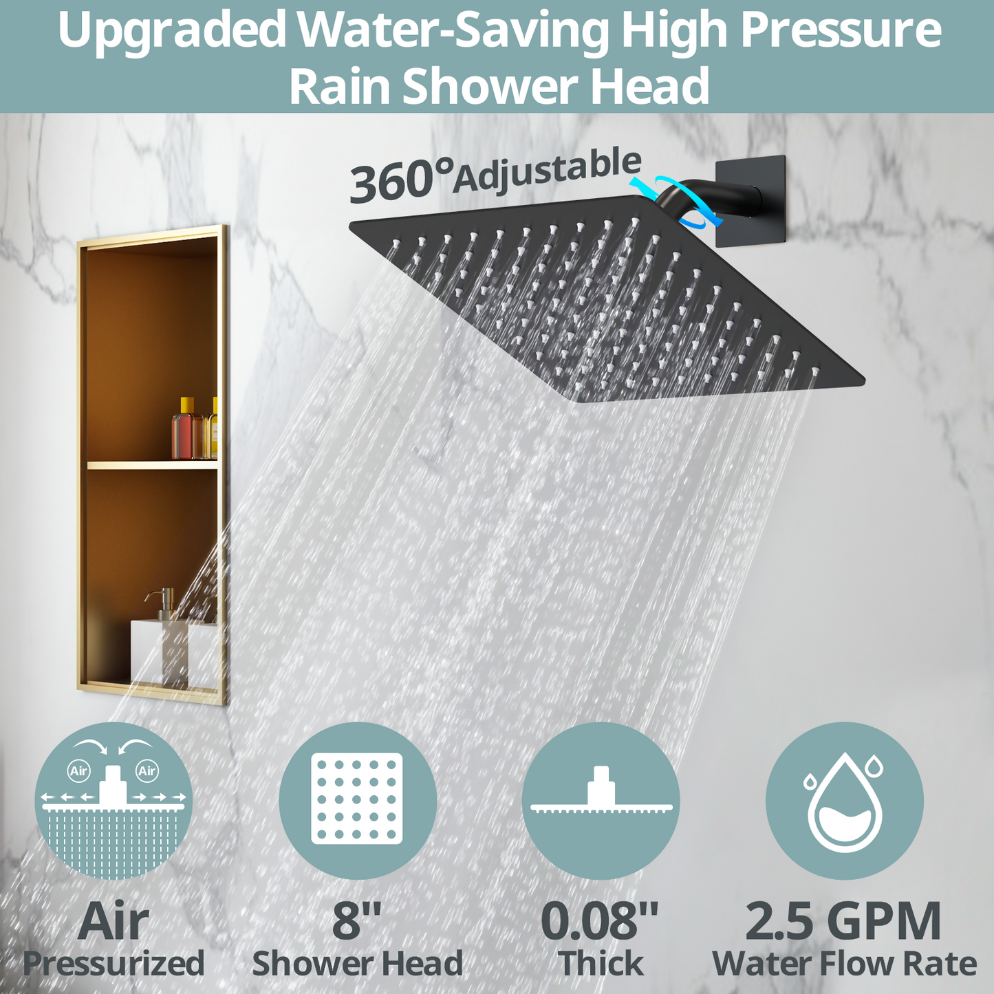 AquaSpa 8" High-Pressure Function Rainfall Shower Head, Wall Mount, Rough in-Valve, 2.5 GPM