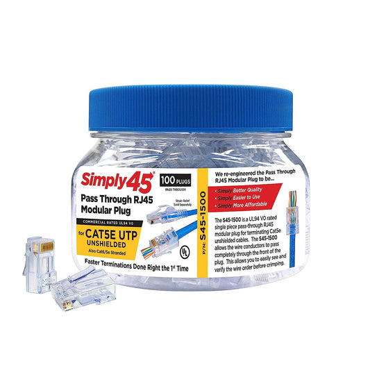 Simply45 Unshielded Pass-Through RJ45 Modular Plugs - 24AWG Solid for CAT5e UTP Cables and 28-26AWG Stranded - Light Blue Tint - 100 Piece Jar - S45-1500