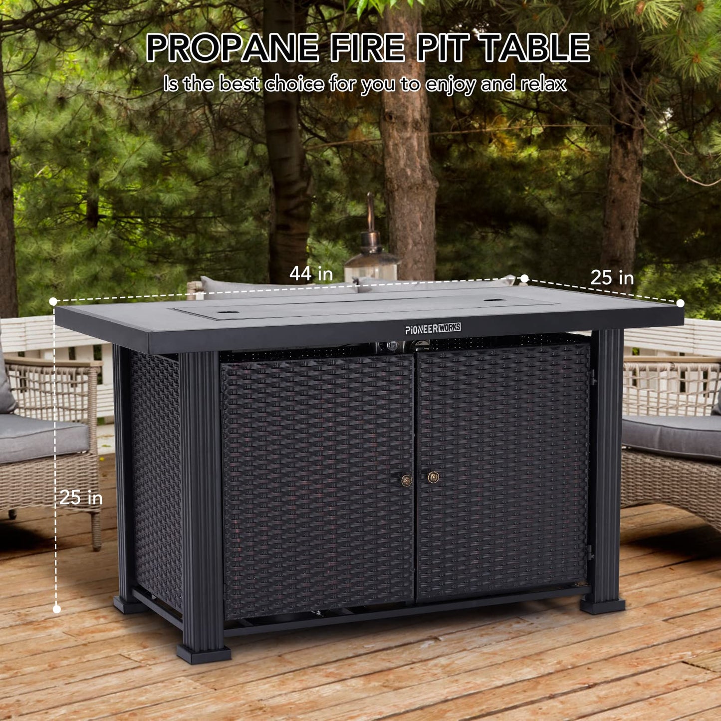 GARVEE PIONEERWORKS 44 Inch Propane Fire Pit Table 50000BTU Rectangle Table with Double-Sided Cover